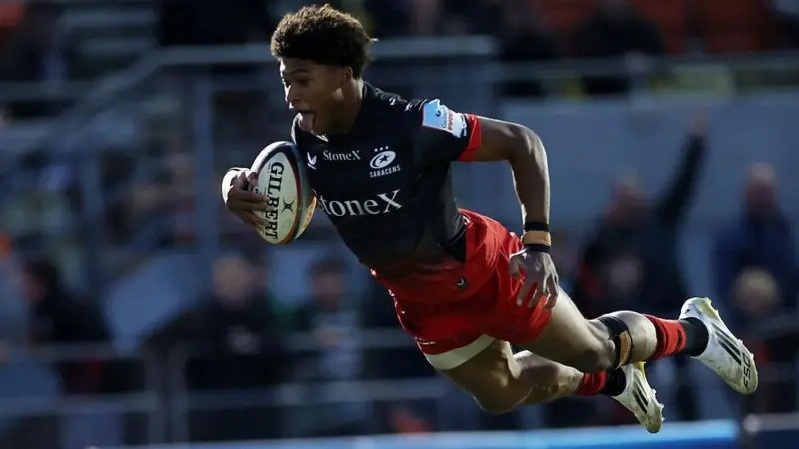 The game’s latest hot prospect, 19-year-old, 6 foot 4 inch winger Noah Caluori showed signs of what is to come with five tries in Saracens' win at the weekend. Photo: AFP